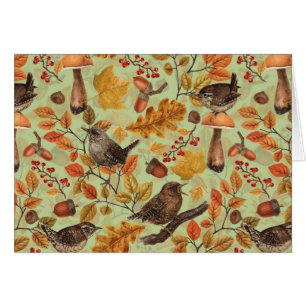 Autumn leaves, berries, mushrooms and wrens cards