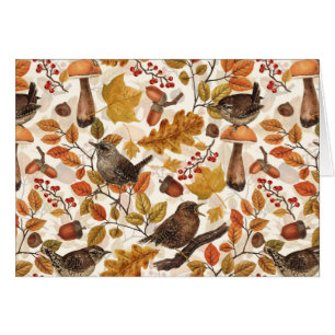 Autumn leaves, berries, mushrooms and wrens cards