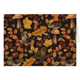 Autumn leaves, berries, mushrooms and wrens cards