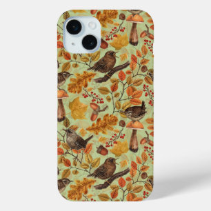 Autumn leaves, berries, mushrooms and wrens iPhone 15 plus case