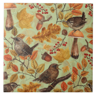 Autumn leaves, berries, mushrooms and wrens ceramic tile