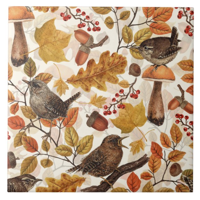 Autumn leaves, berries, mushrooms and wrens ceramic tile (Front)
