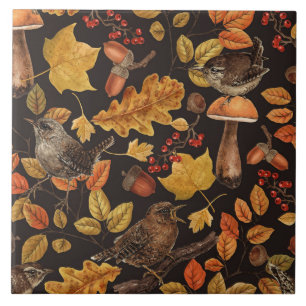 Autumn leaves, berries, mushrooms and wrens ceramic tile