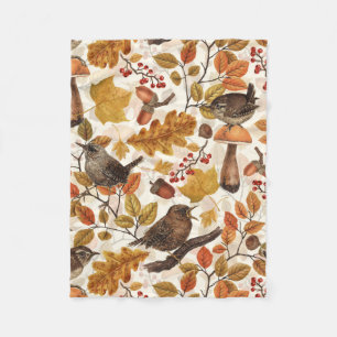 Autumn leaves, berries, mushrooms and wrens fleece blanket