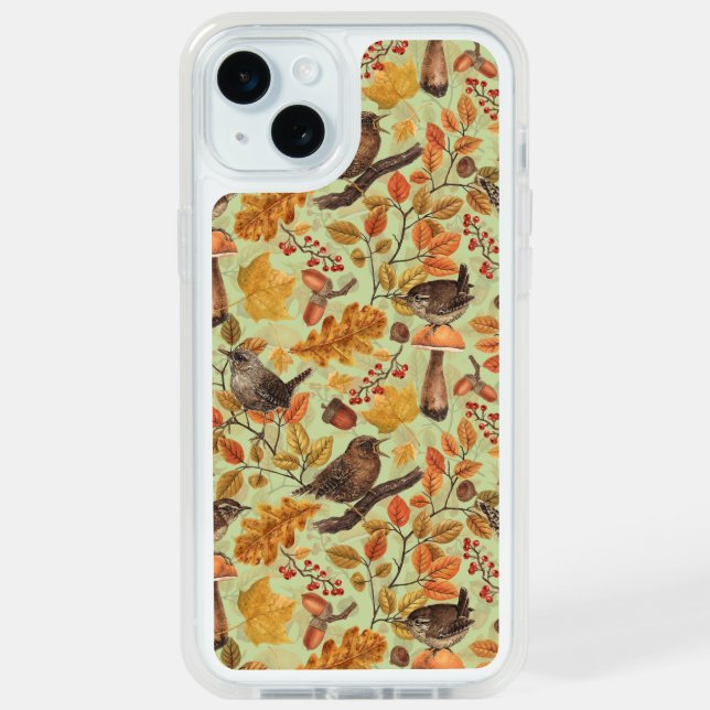 Autumn leaves, berries, mushrooms and wrens iPhone 15 plus case (Back (Blue))