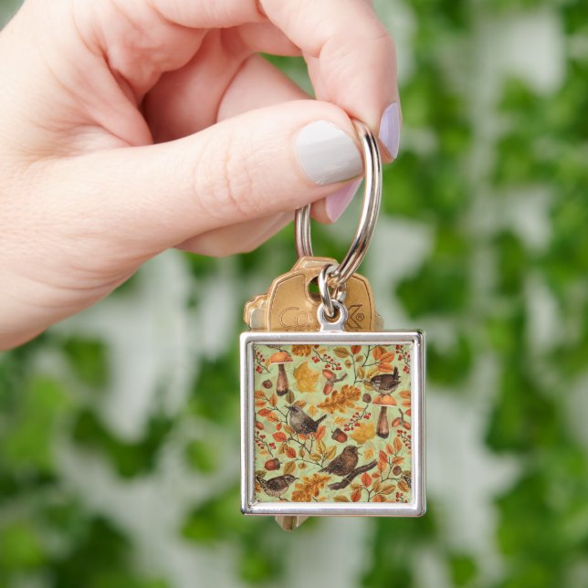 Autumn leaves, berries, mushrooms and wrens keychain (Hand)