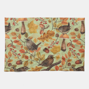Autumn leaves, berries, mushrooms and wrens kitchen towel