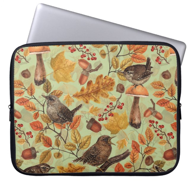 Autumn leaves, berries, mushrooms and wrens laptop sleeve (Front)