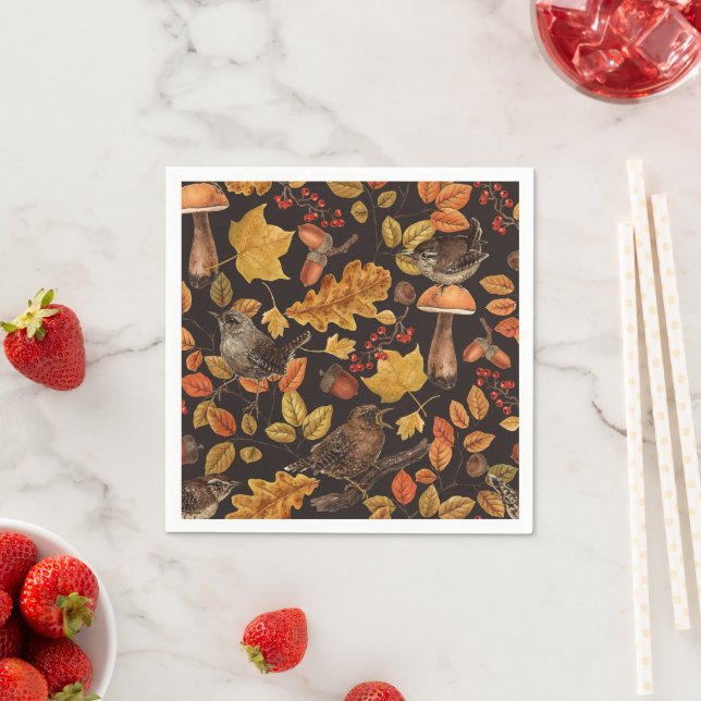 Autumn leaves, berries, mushrooms and wrens napkins (Insitu)