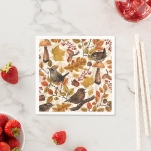 Autumn leaves, berries, mushrooms and wrens napkins