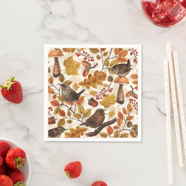 Autumn leaves, berries, mushrooms and wrens napkins (Insitu)