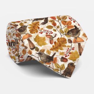 Autumn leaves, berries, mushrooms and wrens neck tie