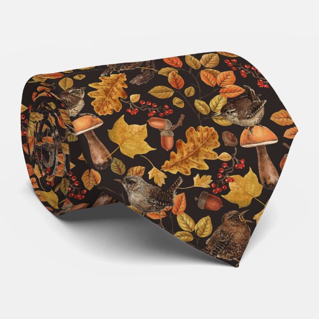 Autumn leaves, berries, mushrooms and wrens neck tie (Rolled)