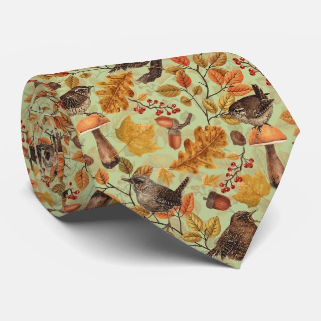 Autumn leaves, berries, mushrooms and wrens neck tie (Rolled)
