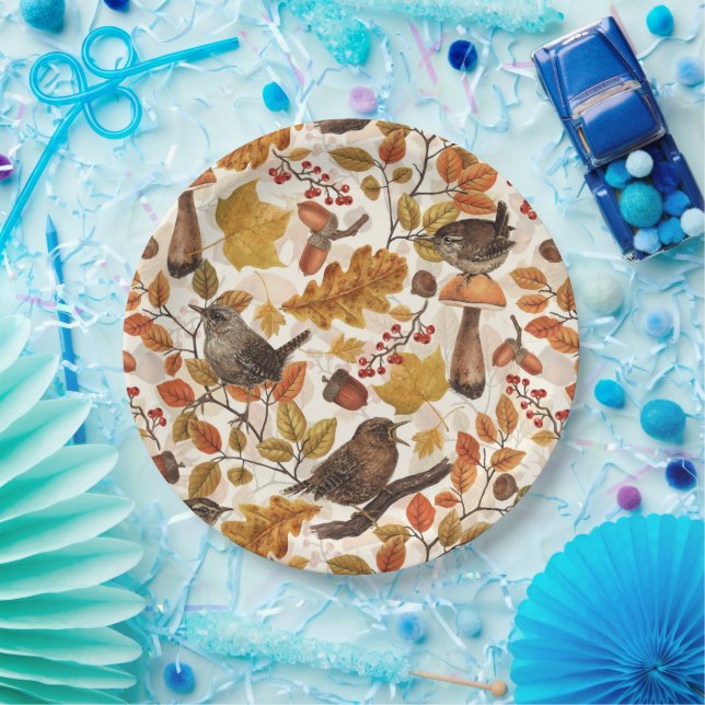 Autumn leaves, berries, mushrooms and wrens paper plates (Party)