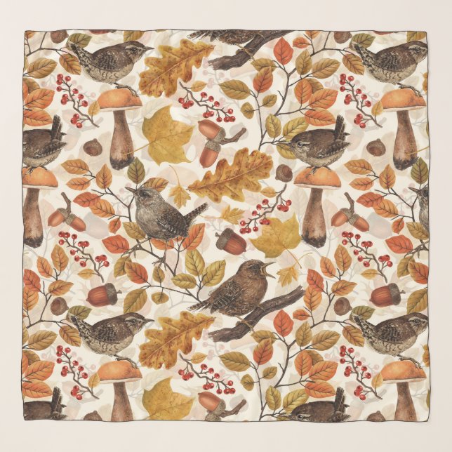 Autumn leaves, berries, mushrooms and wrens scarf (Front)
