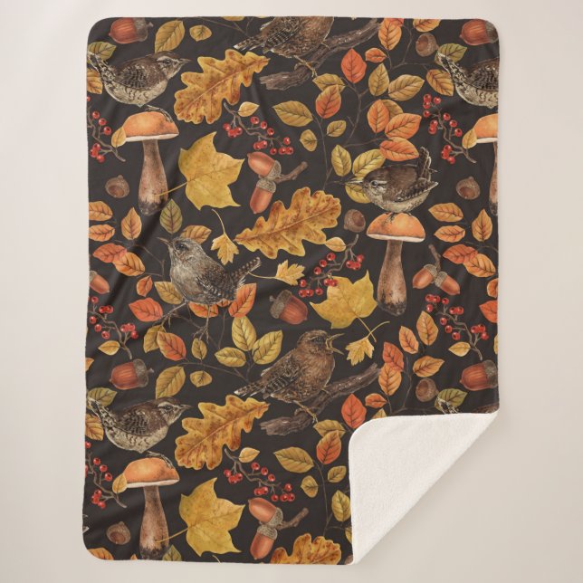 Autumn leaves, berries, mushrooms and wrens sherpa blanket (Front)