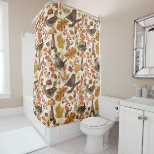 Autumn leaves, berries, mushrooms and wrens shower curtain