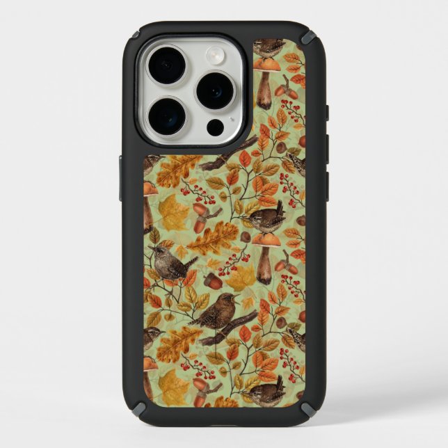 Autumn leaves, berries, mushrooms and wrens speck iPhone case (Front)