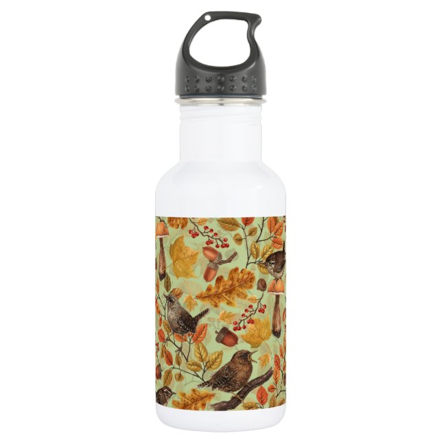 Autumn leaves, berries, mushrooms and wrens stainless steel water bottle (Front)