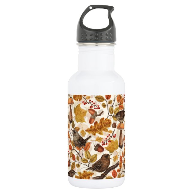 Autumn leaves, berries, mushrooms and wrens stainless steel water bottle (Front)