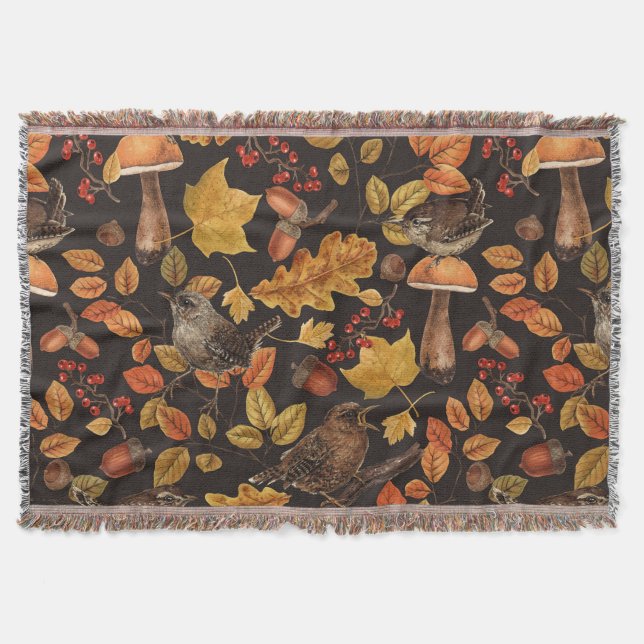 Autumn leaves, berries, mushrooms and wrens throw blanket (Front)