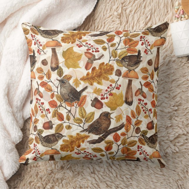 Autumn leaves, berries, mushrooms and wrens throw pillow (Blanket)