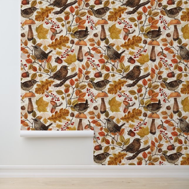 Autumn leaves, berries, mushrooms and wrens wallpaper  (Application)