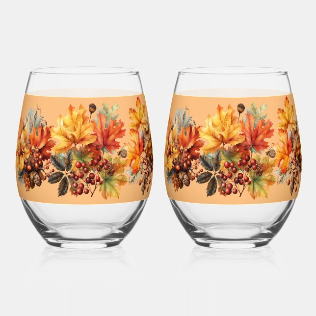 Autumn Leaves Berries Pinecones Stemless Wine Glass (Front)