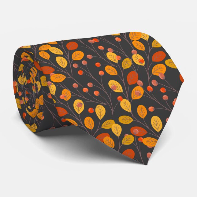 Autumn Leaves & Berries Seamless Pattern Fall  Neck Tie (Rolled)