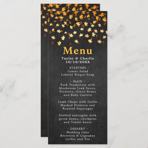 Autumn Leaves Black and Gold Wedding Menu