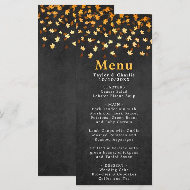 Autumn Leaves Black and Gold Wedding Menu (Front/Back)