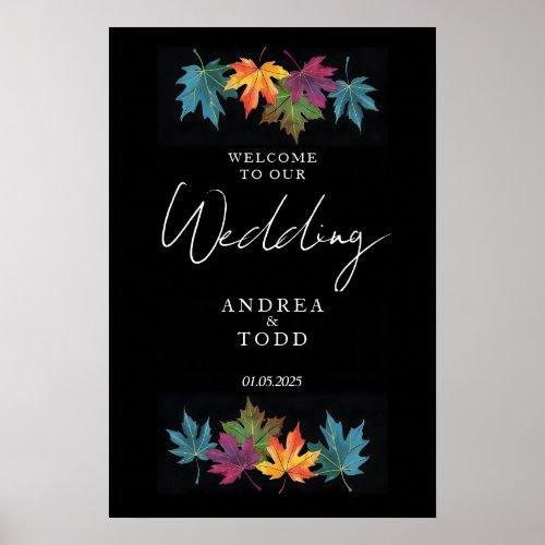 Autumn leaves black contrast wedding welcome poster