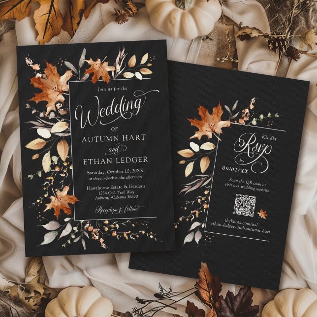 Autumn leaves Black Fall Floral Rustic Wedding Invitation (Elegant watercolor Autumn leaves modern black orange rust Fall QR code rsvp wedding invitation)