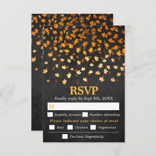 Autumn Leaves Black Grunge Wedding Meal Choice RSVP Card