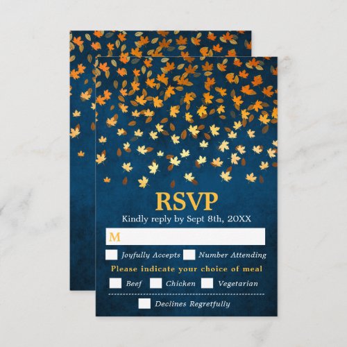 Autumn Leaves Blue Grunge Wedding Meal Choice RSVP Card