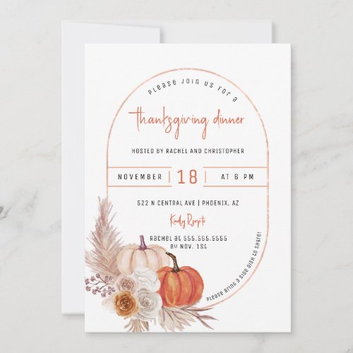 Autumn Leaves Boho Arc Pumpkin Thanksgiving Dinner Invitation