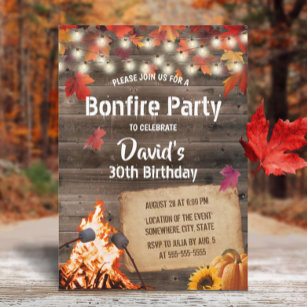 Autumn Leaves Bonfire Party Rustic Barn Birthday Invitation