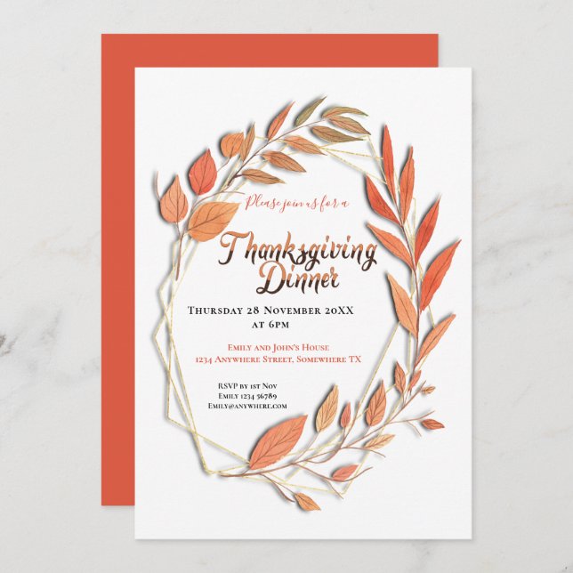 Autumn Leaves Border Geometric Frame Thanksgiving Invitation (Front/Back)