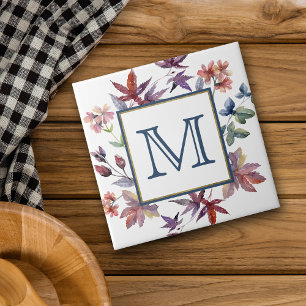 Autumn Leaves Border Monogram Ceramic Tile