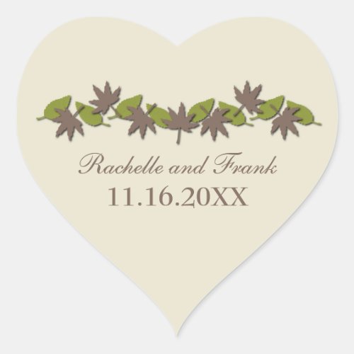 Autumn Leaves Border Wedding Stickers BrownGreen Heart Sticker