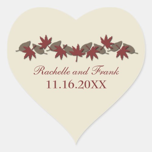 Autumn Leaves Border Wedding Stickers RedBrown Heart Sticker