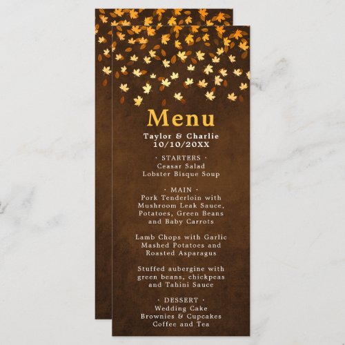 Autumn Leaves Brown and Gold Wedding Menu