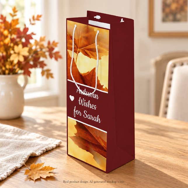 Burgundy and Gold Autumn Leaves Fall Wishes Wine Gift Bag