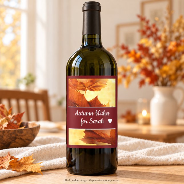 Burgundy and Gold Autumn Leaves Personalized Wine Label