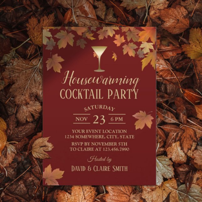 Autumn Leaves Burgundy Red Housewarming Party Invitation (Creator Uploaded)