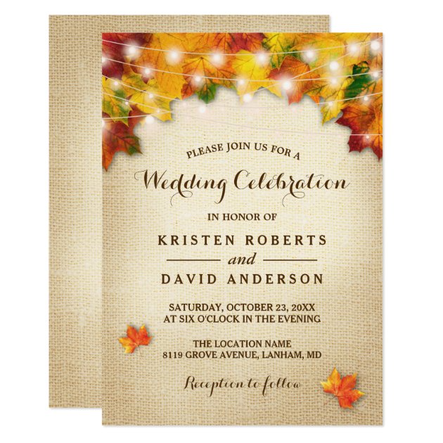 Autumn Leaves Burlap String Lights Fall Wedding Invitation