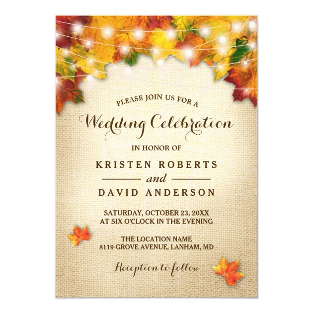 Autumn Leaves Burlap String Lights Fall Wedding Invitation