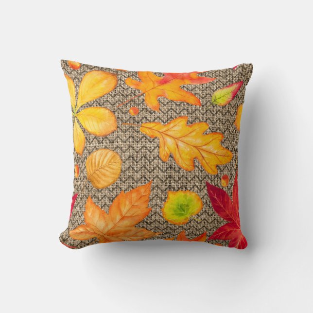 Autumn Leaves Burlap Throw Pillow (Front)