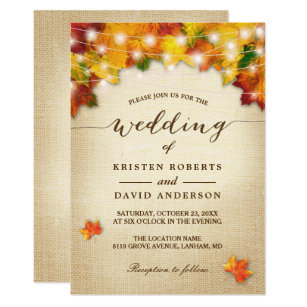 Autumn Wedding Invitations Zazzle Autumn Leaves Burlap Le Lights Fall Wedding Invitation